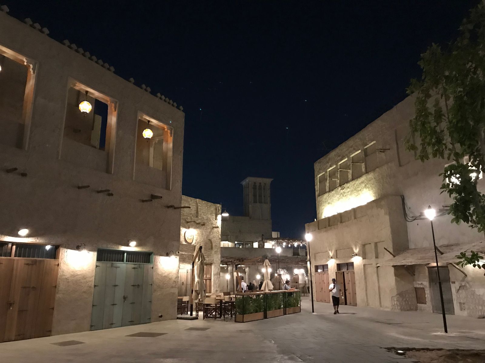 Heritage buildings and lanterns in Al Seef, Dubai, at night