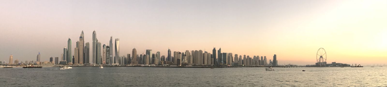 Dubai Marina skyline at sunset, seen from Palm Jumeirah